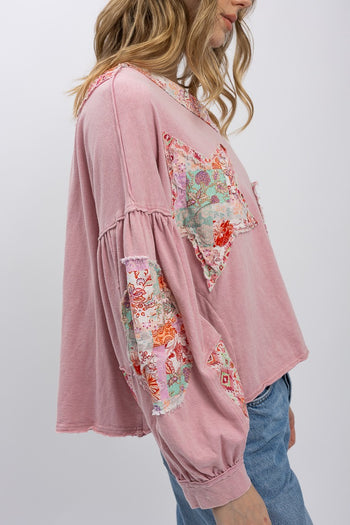 BlueVelvet Knit Top with Boho Print Patchwork in Pink