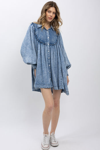 BlueVelvet Babydoll Chambray Mini Dress in Light Denim