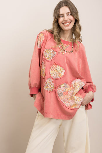 BlueVelvet Playful Heart Patched Oversized Top in Pink