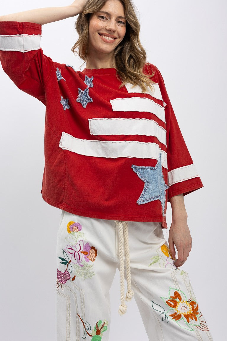 BlueVelvet USA Flag Inspired Patched Top in Red