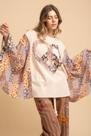 BlueVelvet Heart Peace Sign Patched Upcycled Inspired Poncho Top in White-Red
