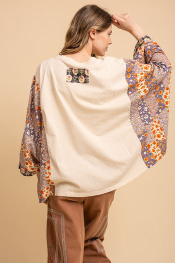 BlueVelvet Heart Peace Sign Patched Upcycled Inspired Poncho Top in White-Red