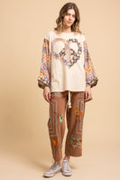 BlueVelvet Heart Peace Sign Patched Upcycled Inspired Poncho Top in White-Red