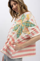 BlueVelvet Oversized Contrasting Stripe Top with Flower Patch in Pink-White