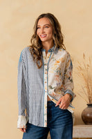 Sew in Love Striped and Floral Relaxed Fit Top in Denim/Ivory