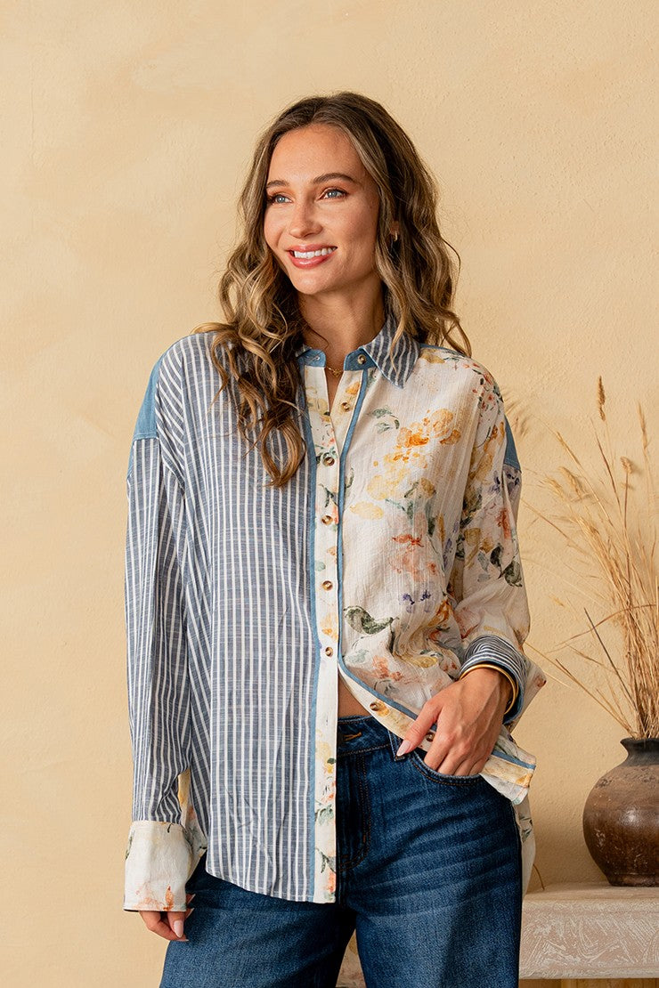 Sew in Love Striped and Floral Relaxed Fit Top in Denim/Ivory