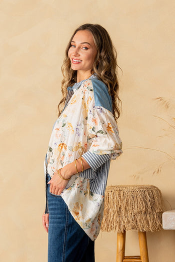 Sew in Love Striped and Floral Relaxed Fit Top in Denim/Ivory
