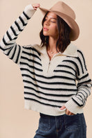 So Me Textured Cable Knit Striped Sweater in Black/Ivory