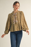 Jodifl Textured Bow Tie Front Peplum Top in Khaki
