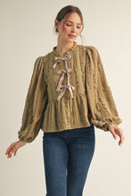 Load image into Gallery viewer, Jodifl Textured Bow Tie Front Peplum Top in Khaki
