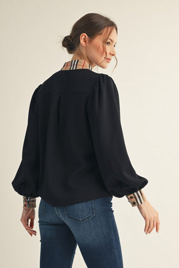 Jodifl Solid Color Knit Top with Contrasting Plaid Accents in Black ON ORDER