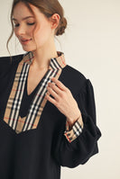 Jodifl Solid Color Knit Top with Contrasting Plaid Accents in Black ON ORDER