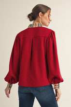 Load image into Gallery viewer, Jodifl Solid Color Knit Top with Contrasting Plaid Accents in Red
