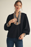 Jodifl Solid Color Knit Top with Contrasting Plaid Accents in Black ON ORDER