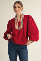 Jodifl Solid Color Knit Top with Contrasting Plaid Accents in Red