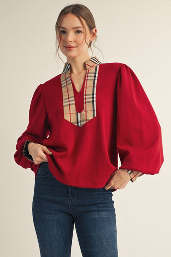 Jodifl Solid Color Knit Top with Contrasting Plaid Accents in Red