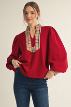 Load image into Gallery viewer, Jodifl Solid Color Knit Top with Contrasting Plaid Accents in Red

