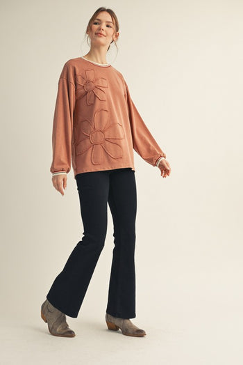 Jodifl Flower Patched Top with Contrasting Binding in Caramel