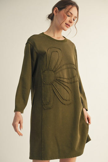 Jodifl Solid Color Large Flower Patched Dress in Olive