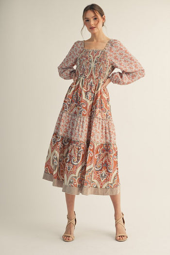 Jodifl Mix N Match Tiered Midi Dress in Rust Mix