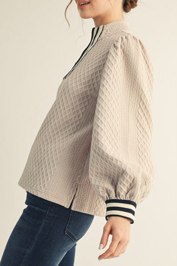 Jodifl Color Ribbed Band Accent High Neck Textured Top in Beige