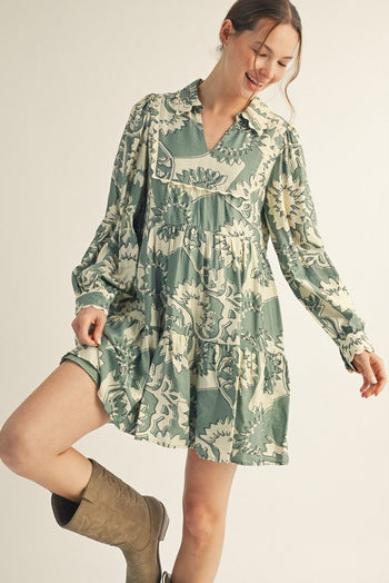 Jodifl Ric Rac Accent Floral Dress in Sage