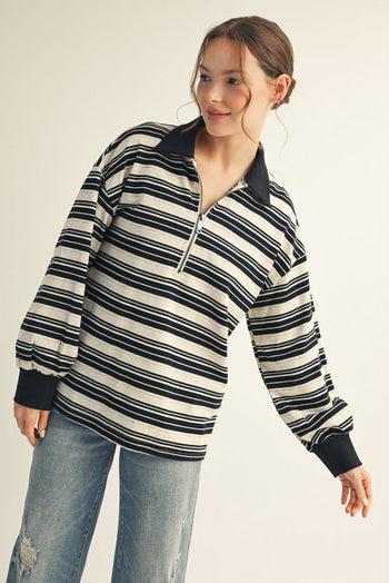 Jodifl Knit Striped Polo Top in Black