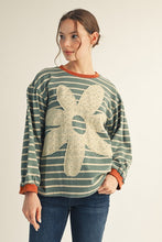 Load image into Gallery viewer, Jodifl Striped Top with Large Eyelet Lace Patched Flower in Teal
