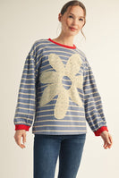 Jodifl Striped Top with Large Eyelet Lace Patched Flower in Denim