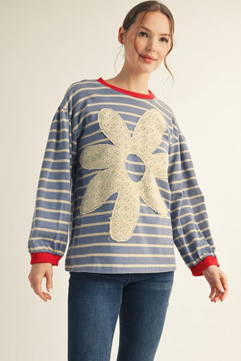 Jodifl Striped Top with Large Eyelet Lace Patched Flower in Denim