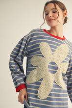 Load image into Gallery viewer, Jodifl Striped Top with Large Eyelet Lace Patched Flower in Denim
