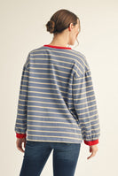 Jodifl Striped Top with Large Eyelet Lace Patched Flower in Denim