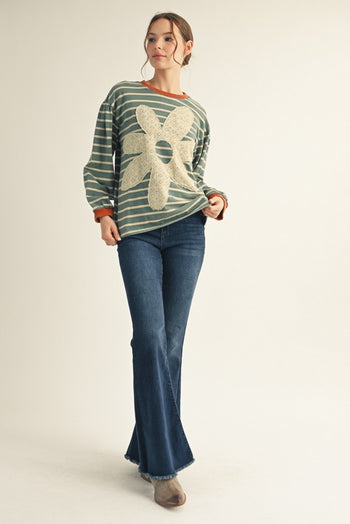 Jodifl Striped Top with Large Eyelet Lace Patched Flower in Teal