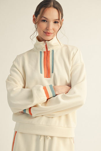 Jodifl Color Block Trim Detailed Half Zip Sweatshirt in Cream