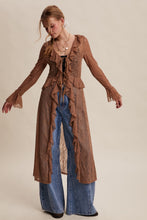 Load image into Gallery viewer, Listicle Sheer Lace Ruffled Duster Cardigan in Mocha
