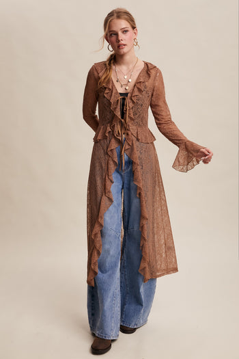 Listicle Sheer Lace Ruffled Duster Cardigan in Mocha
