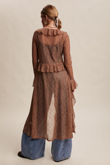 Listicle Sheer Lace Ruffled Duster Cardigan in Mocha