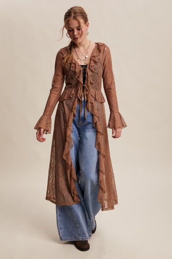 Listicle Sheer Lace Ruffled Duster Cardigan in Mocha
