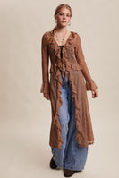 Listicle Sheer Lace Ruffled Duster Cardigan in Mocha