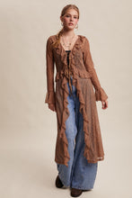Load image into Gallery viewer, Listicle Sheer Lace Ruffled Duster Cardigan in Mocha
