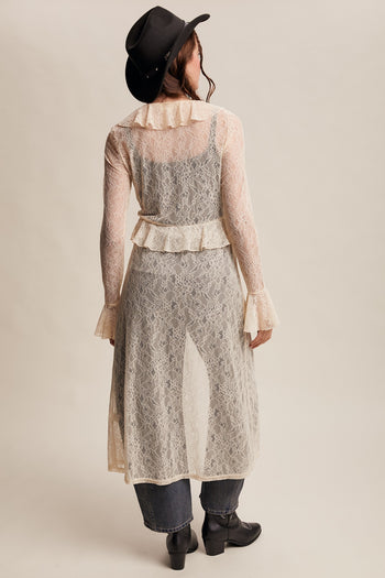 Listicle Sheer Lace Ruffled Duster Cardigan in Ecru