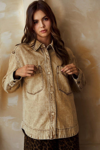 LovLov Vintage Washed Denim Shacket in Latte