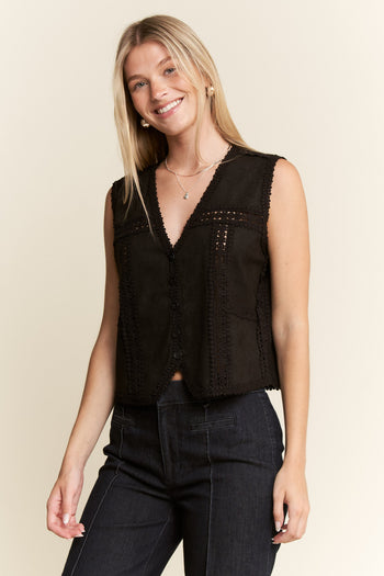 Jade by Jane Suede Vest with Lace Trim in Black