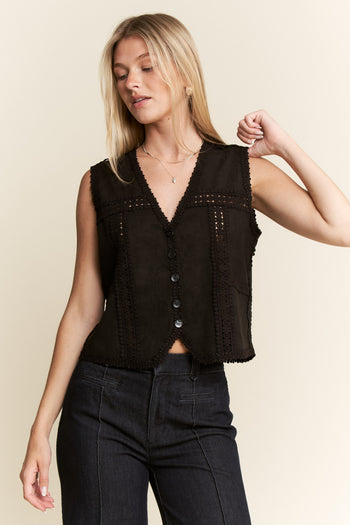 Jade by Jane Suede Vest with Lace Trim in Black