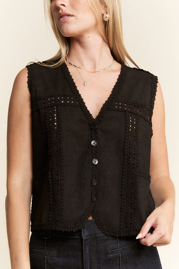 Jade by Jane Suede Vest with Lace Trim in Black