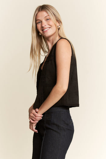 Jade by Jane Suede Vest with Lace Trim in Black