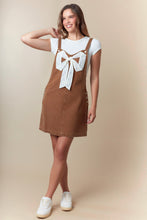 Load image into Gallery viewer, Fantastic Fawn Overall Mini Dress with Ribbon Bow Front in Camel
