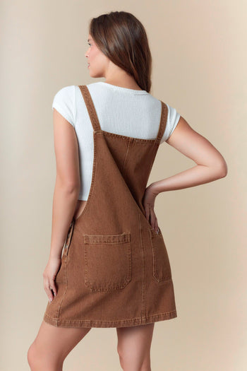 Fantastic Fawn Overall Mini Dress with Ribbon Bow Front in Camel