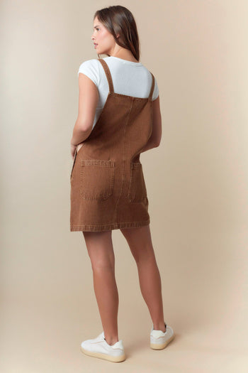 Fantastic Fawn Overall Mini Dress with Ribbon Bow Front in Camel