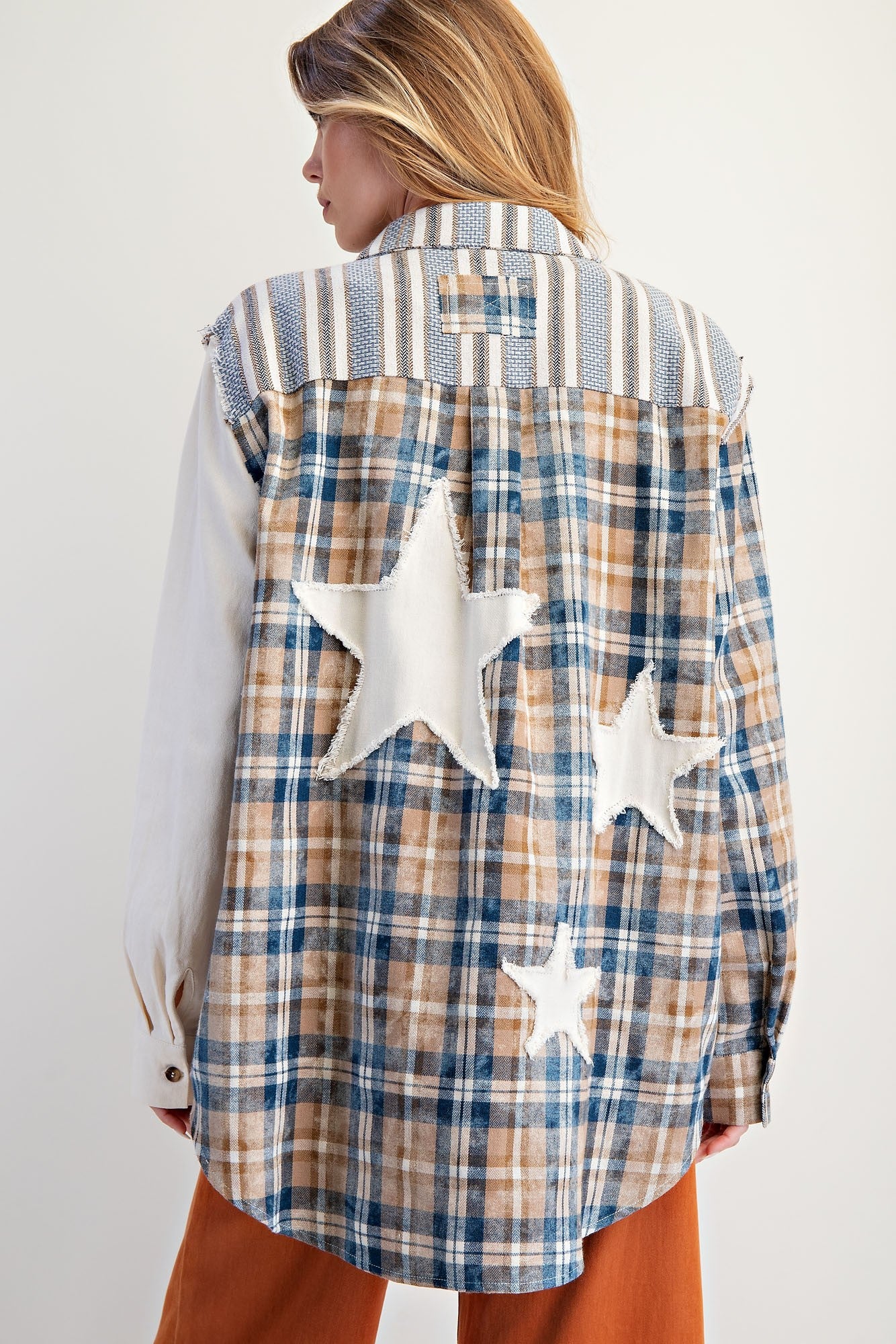 Easel Mixed Print Patchwork Shacket with Back Star Patches in Cream Bl ...